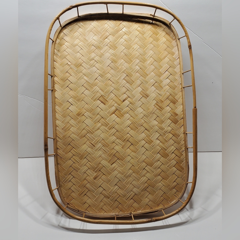 Mid Century 19” Rattan Serving Tray Vintage Barware Decor - Picture 3 of 5